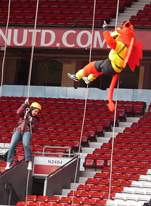 Chaddy the Griffin completing his Charity Abseil at Man Utd's ground