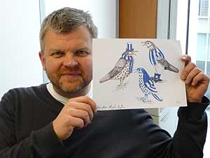 Adrian Chiles with Baggy Bird Drawing